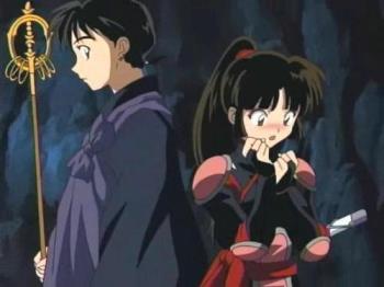 Miroku and Sango of Inuyasha - When addressing Miroku, Sango generally refers to him with the respectful term houshi-sama (houshi means Buddhist priest, and -sama is a respectful honorific), despite his thieving and lechery. Miroku, for his part, frequently gropes Sango when the opportunity arises, though she usually slaps or punches him for it. Sango also strikes him when he makes advances to other women as he frequently does. She does this because she loves him and she is jealous. As the series progresses, Miroku is seen to return these feelings and eventually asks her to marry him once their ordeal with Naraku is over. Sango tearfully accepts. 
Sango and Miroku make an excellent pair in battle, and whenever the group splits up it is usually split between InuYasha-Kagome and Sango-Miroku. Curiously enough, with all his groping and innuendo, Miroku does not ask Sango to bear his child (as he does with every woman he meets) until she demonstrates jealousy over his asking other women and finally brings the subject to his attention. Surprised, Miroku naturally asked the question, and Sango rejected him. 
Sango accepts Miroku&#039;s marriage proposal in Episode 132 of the anime series. Miroku saves Sango from a demonic egg which had possessed her and caused her to repeatedly attack him. Feeling guilty over his actions (his negligence led to her possession, and he had to punch her stomach to save her) Miroku gets Sango alone with him and asks her forgiveness. She replies that it was not his fault since she let her guard down. Mustering his courage, Miroku then lets his heart out to Sango and tells her that she is the only woman he has ever loved. He then promptly proposes marriage to her (also asking her to have at least ten to twenty children with him), and she tearfully accepts. However, she follows up her "Yes" with the request that he stop flirting with other women. He fails to answer, and receives a dirty look from her. 
However, Sango is not always the only one to get jealous, as shown in the episode "Only You, Sango". In the episode, a handsome and wealthy lord named Kuranosuke claims to be in love with Sango and asks her to marry him, claiming that they have met before years ago when she performed an extermination. Throughout the episode, Miroku behaves in a stoic and quiet manner much to Kagome&#039;s despair, since she wants Miroku to declare his love to her openly now that he has a direct rival. He explains to Kagome that after all Sango has went through, he wants her to have a good life, and Kuranosuke can give it to her. When Miroku and Sango are finally alone, he tells her that he wants her to be happy. 
Eventually, at the end of the episode, Sango tells Kuranosuke that she must find her brother and declines his marriage offer; he accepts this and parts ways with Sango amiably. As the group leave, Sango is given an umbrella by Kagome and lets Miroku guard himself from the rain with her, though as usual Miroku can&#039;t hold himself back and gropes Sango, who hits him as usual but when the frame returns to her face she is smiling. 


 - answers.com