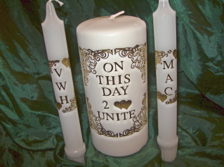 Personalized Unity Candles - I made these as a sample of what I do. Unity candles can be made more personal by making them to fit the personalities of the bride and groom. Use butterflies, lady bugs, leaves, lettering, whatever suites you.