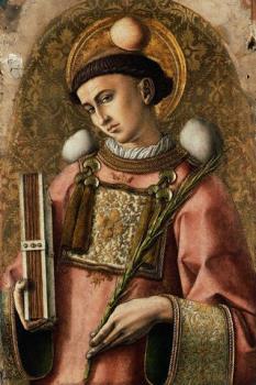 Saint Stephen - Saint Stephen, depicted by Carlo Crivelli in 1476 with three stones and the martyrs&#039; palm. He is depicted with the clerical tonsure, vested in a dalmatic and holding a Gospel Book in his right hand.