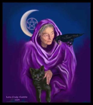 The Old Crone - Crone with Raven and Moon
