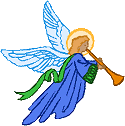 an angel in a blue robe with a gold horn - an angel in a blue robe with a gold horn
