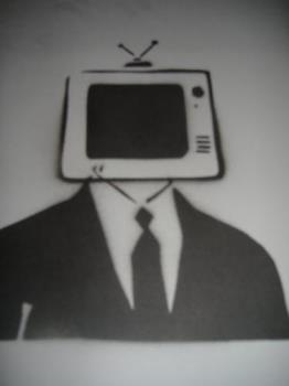 TV head - A cartoon of a man in a suit with a TV for a head.