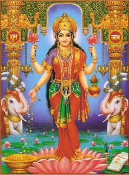 Godess Lakshmi - Goddess Lakshmi means Good Luck to Hindus. The word &#039;Lakshmi&#039; is derived from the Sanskrit word "Laksya", meaning &#039;aim&#039; or &#039;goal&#039;, and she is the goddess of wealth and prosperity, both material and spiritual.

Lakshmi is the household goddess of most Hindu families, and a favorite of women. Although she is worshipped daily, the festive month of October is Lakshmi&#039;s special month. Lakshmi Puja is celebrated on the full moon night of Kojagari Purnima.