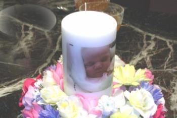 Candle with baby&#039;s picture on it - Shower decoration I make for all the babies in our family!