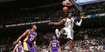 Dwight against L akers - Dwight Howard in action against the defender of L.A. Lakers