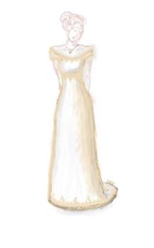 Wedding Dress - An off the shoulder, off white, embriodered wedding dress with a train.