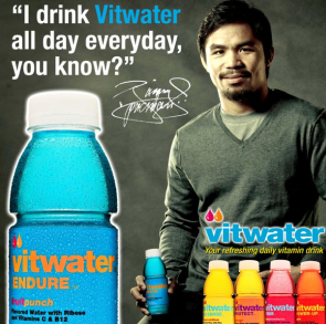 Manny Pacquiao Vitwater - Here is Manny Pacquiao endorsing Vitwater. For me Manny Pacquiao is an effective celebrity endorser because the products he is endorsing are products that you will believe he is using unlike other celebrities who do not seem to use the products they are endorsing. :)