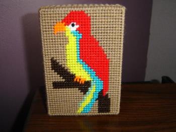 Trinket Box - Parrot trinket box made with plastic canvas and yarn. Good place to store little items.