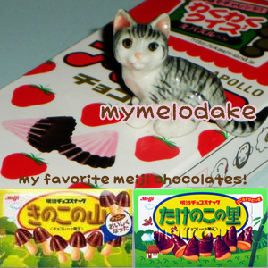 my favorite meiji chocolates! - 1. chocolate and strawberry flavored cone-shaped chocolates from meiji
2. shiitake mushroom-shaped cookies and chocolates
3. bamboo shoot-shaped cookies and chocolates

all from meiji
