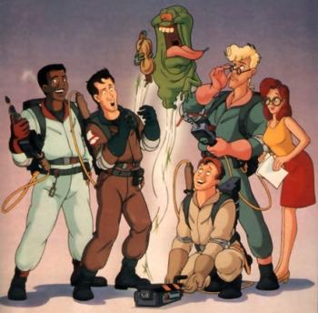 The Real Ghostbusters - A picture of the Real Ghostbusters with Janine and Slimer.