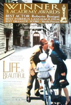Life is Beautiful - It&#039;s 1939 i Italy adn Guido Orefice (Robert Benigni) is a happy-go-lucky guy who&#039;s traveling with his brother Arriving in Arezzo, Guido meets Dora (Nicoletta Braschi), a young and pretty school teacher. Immediately smitten, Guido gets a job as a waiter and arranges to have more encounters with Dora. But it turns out that she&#039;s already engaged, albeit unhappily, to a Fascist official. But his charm wins her over and they ride together for a life of happiness. The reality of war strikes several years later when Guido, who&#039;s Jewish, and their young son, Giosue (Giorgio Catarini), are sent to a concentration camp. Fearing for her husband and son, Dora, whos is not a Jew, demands that she be allowed to go with them. Hoping to shield Giosue from the horrors of their predicament, Guido tells his son that they and everyone else in the camp are competing to win a contest where the grand prize is one of Giosue&#039;s favorite things - a real tank.