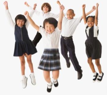 School children in uniform jump with joy - This is a picture of upbeat school children in uniform.