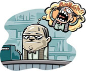 frustrated store clerk - cartoon man behind a cash register with the thought about pulling his hair out