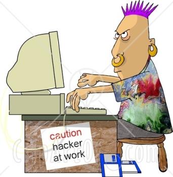 computer hacker - a cartoon of a young man with purple hair at a computer