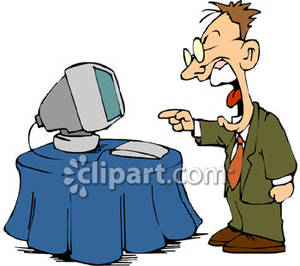cartoon of man yelling at a computer - A cartoon of a man, standing, yelling at a computer on a table.