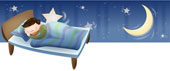 a boy in a bed dreaming - A boy in a bed dreaming with the moon and stars in the background