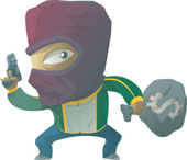 a robber or someone who takes what doesn&#039;t belong  - A cartoon man in a mask holding a gun and a bag of money.