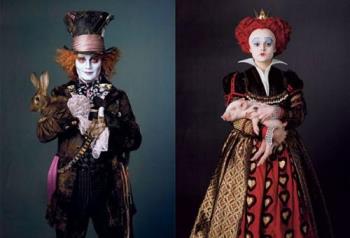 Johnny Depp and Helena Bonham Carter - Johnny Depp plays The Mad Hatter and Helena Bonham Carter plays the Red Queen in Tim Burton&#039;s Alice in Wonderland.