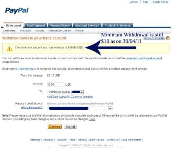 Minimum Withdrawal in Paypal still $10 - Screenshot of Paypal withdrawal page showing minimum withdrawal amount is still $10