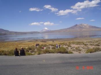 The altiplano - This lake, Lago Chungará, is 4.500 meters above sea level. The volcano, the Parinacota, is the highest in Chile.