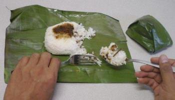 Banana leaf packed lunch - lunch time
