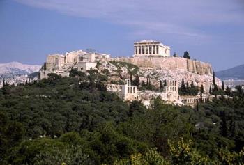 acropolis hill - View of the Acropolis from the southwest, showing the Propylaia, the Temple of Athena Nike, part of the Erechtheion, and the Parthenon. Also visible on the South Slope are the Odeion of Herodes Atticus and the Stoa of Eumenes.