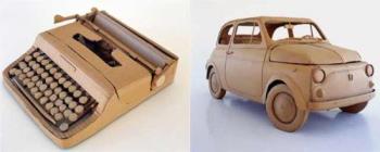 Typewritter and car made of carboard - Carboard is made of wood and recycled paper.