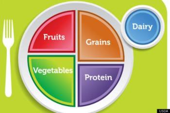 Food &#039;Pyramid&#039; (Place-Setting) 2012 - First Lady Michelle Obama & Co.&#039;s food-pyramid: The healthy Americans every meal (a plate of &#039;Vegetable,&#039; &#039;Fiber,&#039; &#039;Fruit&#039; & &#039;Protein,&#039; with a glass of &#039;Dairy.&#039;