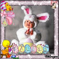 Baby Happy Easter - We celebrate Easter with a bunny and eggs, they represent the innonce that is achieved by Jesus for us. 