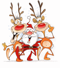 Santa and reindeer singing and dancing.