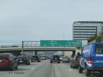 Traffic backed up at interchange of I-405 and the Santa Monica Freeway, headed north. 