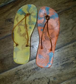 my pair of flip-flops of different colors used for the bathroom 