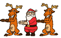 Santa dancing with reindeer.
