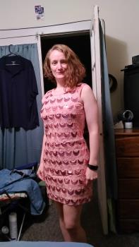 Pretty wearing a new dress. Down to 124 lbs now. Her ideal weight. Photo is mine.