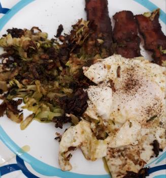 Bacon, one when and shredded zucchini instead of hash browns Bacon, one when and shredded zucchini instead of hash browns