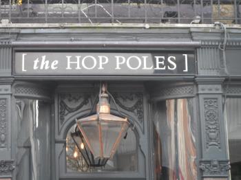 The Hop Poles pub entrance lamp in Hammersmith, taken by me 
