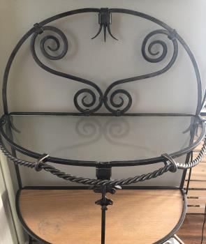 wrought iron w glass and wood shelves