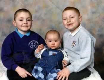My Family - These are my gorgeous weans.
The child with the dark hair is Nathan.
The child in the middle is Rebecca.
The child with the red hair is Mark.
As you can probably tell this picture was taken some time ago:)