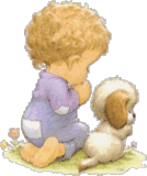 A child praying - A child  kneels to pray with his dog 