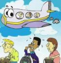 Fear of Flying - cartoon of plane in sky and three people waiting to board plane biting their fingernails.