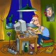 Computer - cartoon of someone content sitting at a computer at night.