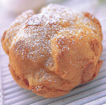 cream puff - INGREDIENTS:
    * Puffs
    * 1/2 cup shortening
    * 1 cup boiling water
    * 1 cup sifted all-purpose flour
    * 1/4 teaspoon salt
    * 4 eggs, unbeaten
    * .
    * Filling
    * 1/2 cup sugar
    * 5 tablespoons flour
    * dash salt
    * 2 cups milk
    * 2 egg yolks, slightly beaten
    * 1 teaspoon vanilla

PREPARATION:
Puffs:
Bring shortening and water to a boil in saucepan. Sift the flour and salt together; add to boiling mixture all at once and beat vigorously until mixture is thick and smooth and comes away from sides of pan easily.
Remove from heat. Add eggs, one at a time, beating well after each addition, until mixture is smooth and well blended. Drop mixture from a tablespoon about 2 inches apart onto a greased baking sheet. The mixture should hold its shape and should not spread.

Bake at 450° for 10 minutes. Reduce heat to 400° and bake for 20 to 25 minutes longer, until pastry is golden brown. Cool completely.

Filling:
In top of a double boiler combine the sugar, flour, and salt together. Add milk and mix well. Add egg yolks and blend. Place mixture over hot water over medium-low heat and cook until smooth and thick, stirring constantly. This should take about 10 minutes. Cool, stirring occasionally to prevent a "skin" from forming over the top of filling. Add vanilla.

Slit each cooled cream puff and fill with the cream filling. Put tops back on and dust with confectioners&#039; sugar. Makes about 18 cream puffs.