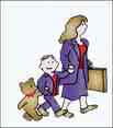 picture of a working mom - cartoon rendition of mom and kids..busyness personified.