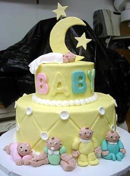baby cake - two-tier cake for baby shower with fondant babies