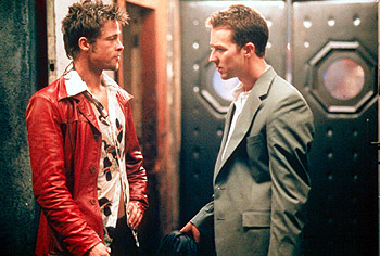Fight Club - Brad Pitt and Edward Norton - The mundane existence of a product liability evaluator and insomniac, who is addicted to self-help groups, is turned upside down when he meets a sado-masochistic anarchist who is secretly plotting to overthrow civilization. As their friendship grows, they become increasingly involved in a secret society of "fight clubs" where men act out their aggressions and violently beat one another to a pulp. In the meantime, the evaluator falls in love with a woman who is also addicted to self-help groups, but is unable to act on his desire for her. Fight Club - Brad Pitt and Edward Norton - The mundane existence of a product liability evaluator and insomniac, who is addicted to self-help groups, is turned upside down when he meets a sado-masochistic anarchist who is secretly plotting to overthrow civilization. As their friendship grows, they become increasingly involved in a secret society of "fight clubs" where men act out their aggressions and violently beat one another to a pulp. In the meantime, the evaluator falls in love with a woman who is also addicted to self-help groups, but is unable to act on his desire for her.
