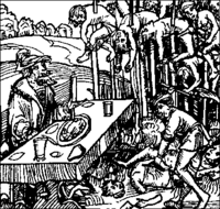 Vlad the Impaler - Woodblock print of Vlad the Impaler attending a mass impalement.