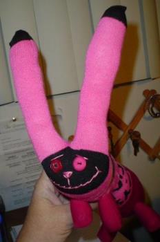 Another bunny - Bunny made from socks that say "Stinky boy."