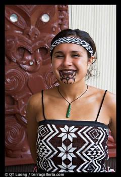 Maori woman with facial tatoo - A PHOTO FROM Polynesian Cultural Center, Oahu island, Hawaii, USA 
