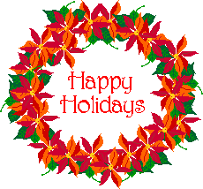 Happy Holidays! - .GIF image of a wreath made of poinsettias with the message "Happy Holidays!"