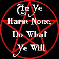 An Ye Harm None - .JPG image of the last few lines of the Wiccan Rede in white text, on a red pentacle, all on a black background.